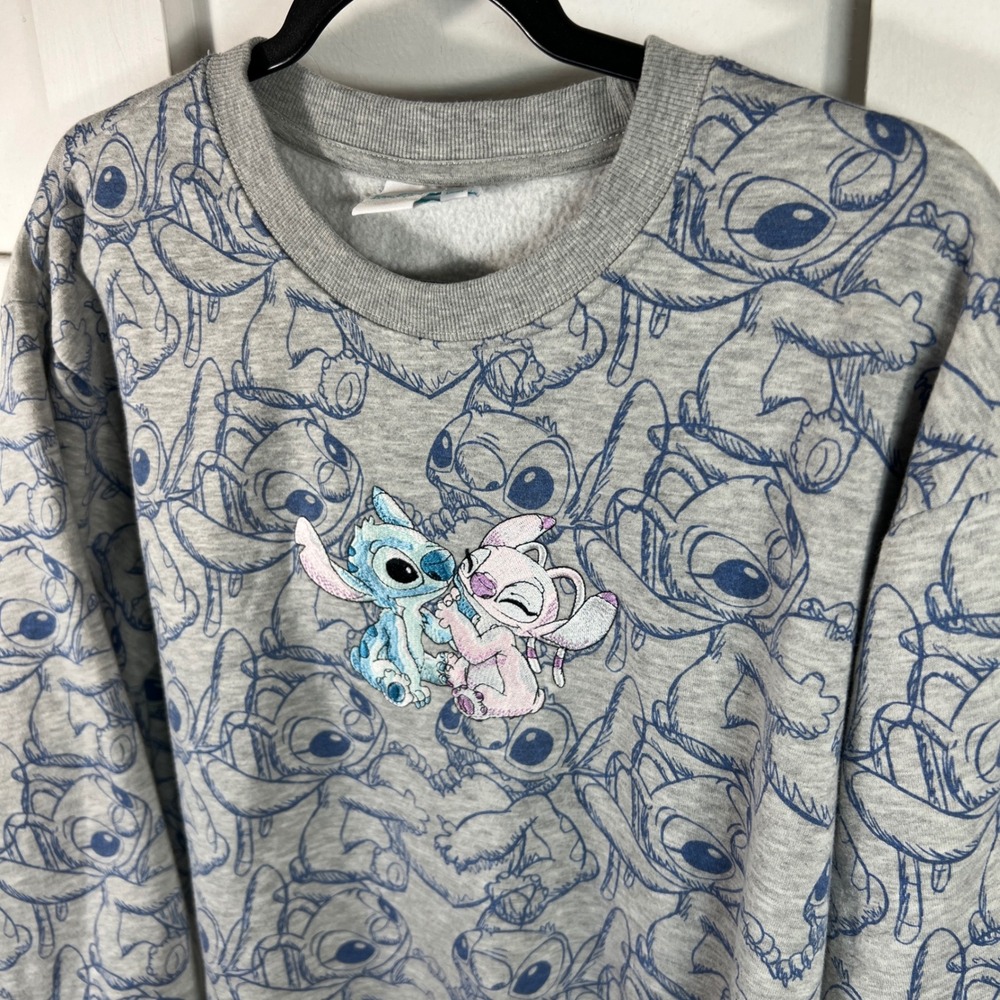 Disney Lilo and Stitch Angel All Over Print Gray Embroidered Sweatshirt Large
